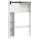 4-tier over-the-toilet storage cabinet side view in white, showcasing sliding barn door and spacious shelves for.