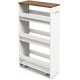 4-tier rolling storage cart with rustic brown top, open shelves, and handle, perfect for narrow kitchen spaces.