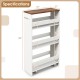 4-tier rolling storage cart with rustic brown top, featuring open shelves and dimensions for kitchen organization.