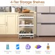 4-tier rolling storage cart with rustic brown tabletop, designed for kitchen organization and easy mobility on wheels.