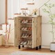 4-tier shoe organizer with natural wood grain finish, featuring removable shelves and two doors for stylish storage.