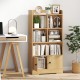Natural wood 4-tier bookshelf with 4 display cubes and 2 enclosed doors, perfect for living room or office storage.