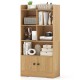 Natural wood 4-tier bookshelf with open display shelves and 2-door cabinet, perfect for living room or office storage.
