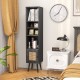 Side view of a slim black rattan storage cabinet with a natural rattan door and solid wood legs, designed for compact.