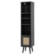 Slim black 4-tier rattan storage cabinet with adjustable shelves and natural rattan door, ideal for small spaces.