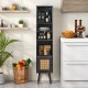 Tall black rattan storage cabinet featuring a natural rattan door, ideal for stylish organization in limited spaces.