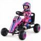 Kids' pink pedal go-kart with adjustable seat, steering wheel, and safe handbrake for outdoor fun and easy control.