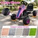 4-wheel pedal go-kart for kids in pink with adjustable seat, anti-slip wheels, and safe handbrake for various terrains.
