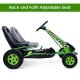 Side view of the green pedal-powered go-kart with adjustable seat, designed for kids aged 3 to 8 for outdoor play.