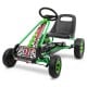 Green pedal-powered go-kart for kids aged 3-8, featuring four rubber wheels and an ergonomic adjustable seat for.
