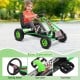 Kids pedal-powered go-kart in green with steering wheel, gear lever, and foot pedal for outdoor play and stability.