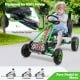 Kids pedal-powered go-kart in green with four rubber wheels, designed for ages 3 to 8, suitable for indoor and outdoor.