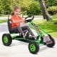 Kids pedal-powered go-kart in green, featuring a low gravity center and anti-skid wheels for outdoor fun.
