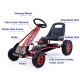 Kids pedal-powered go-kart in red with adjustable seat, rubber tires, and safety features for outdoor play.