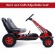 Adjustable seat of the red kids pedal-powered go-kart with four wheels for stability and comfort during outdoor play.