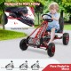 Kids ride-on pedal-powered go-kart in red with adjustable seat, designed for safety and stability for outdoor play.