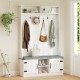 Coat rack with cushioned bench and shoe storage, featuring 7 hooks and adjustable shelves for a clutter-free entryway.