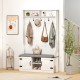 4-in-1 tall coat rack in white with cushioned bench, shoe storage, and 7 hooks for a tidy entryway.