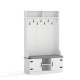 Tall white coat rack with cushioned bench, 7 hooks, and shoe storage for a clutter-free entryway.
