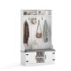 Tall white 4-in-1 coat rack with cushioned bench, 7 hooks, and shoe storage, perfect for entryway organization.