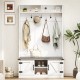 Coat rack with cushioned bench and shoe storage in white, featuring 7 hooks and adjustable shelves for entryway.
