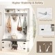 4-in-1 tall coat rack in white with cushioned bench, adjustable shelves, and metal hooks for entryway organization.