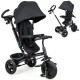 Black 4-in-1 baby tricycle with reversible seat, adjustable canopy, and 5-point safety harness for versatile use.