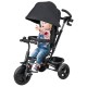 4-in-1 baby tricycle in black with adjustable canopy, reversible seat, and 5-point safety harness for toddlers.