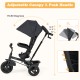 Adjustable canopy on a black 4-in-1 baby tricycle, providing shade and comfort for outdoor adventures with toddlers.