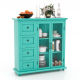 Tall turquoise cabinet with glass doors and drawers, offering versatile storage for kitchen and bathroom organization.