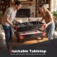 Stackable tabletop game table set featuring foosball, billiards, and air hockey for versatile family fun.