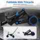 Foldable kids tricycle in navy with adjustable seat and push handle, ideal for easy storage and transport.