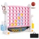 Height adjustable 4-in-1 connect game in pink with mesh net, portable bag, and storage for rings and accessories.