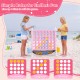 Height adjustable 4-in-1 Row Connect Game in pink, featuring a mesh net and carrying bag for outdoor fun.