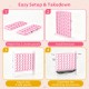 Height adjustable pink 4-in-1 Row Connect Game setup steps showing center panels and base installation for easy play.