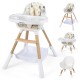 4-in-1 multicolor high chair with adjustable tray and height, featuring wooden legs and a storage basket for.