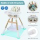 4 in 1 high chair for babies with adjustable tray, 5-point harness, and stable wooden legs for safety and convenience.