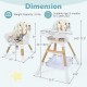 Dimensions of the 4 in 1 high chair for babies, featuring a multicolor design, adjustable tray, and sturdy wooden legs.