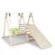 4-in-1 indoor jungle gym featuring a baby swing, climbing ramp, and sturdy wooden frame for safe play and exploration.