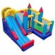Colorful 4-in-1 inflatable bounce castle with slide, climbing wall, and basketball hoop for outdoor fun and active play.