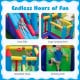 4-in-1 inflatable bounce castle featuring a long slide, basketball hoop, climbing wall, and large jumping area for kids.