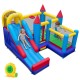 Kids bouncer with long slide, jumping area, and basketball hoop, made of waterproof 420D Oxford cloth for outdoor fun.
