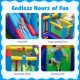 4-in-1 kids bouncer featuring a long slide, large jumping area, basketball hoop, and climbing wall for outdoor fun.