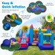 4-in-1 kids bouncer with long slide, basketball hoop, and climbing wall, featuring a powerful 680W blower for quick.