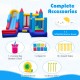 4-in-1 kids bouncer with long slide, basketball hoop, and climbing wall, perfect for yard fun with 680W blower included.