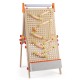 Wooden kids art easel with double-sided chalkboard, marble run, and adjustable height for creative play and storage.