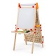 Double-sided wooden kids art easel with adjustable height, paper roll, and storage tray for creative play.