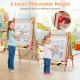 Kids using the adjustable height 4-in-1 wooden art easel with a chalkboard and paper roll for creative activities.