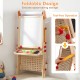 Double-sided wooden kids art easel with paper roll, storage tray, and foldable design for space-saving storage.
