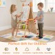 Double-sided wooden kids art easel with paper roll and storage tray, promoting creativity and imagination for toddlers.